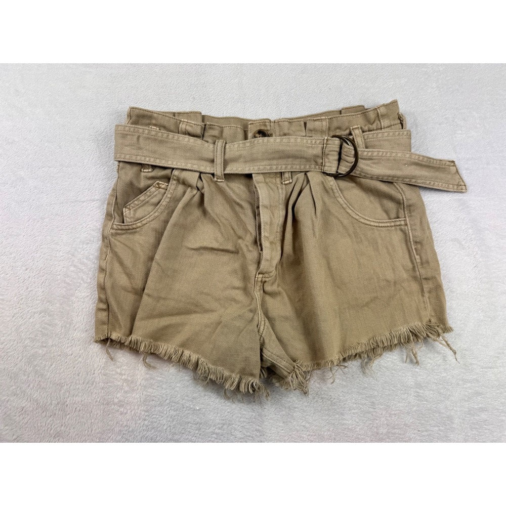 We The Free Free People Tan Paperbag Belted Denim Shorts Small Frayed Hem
